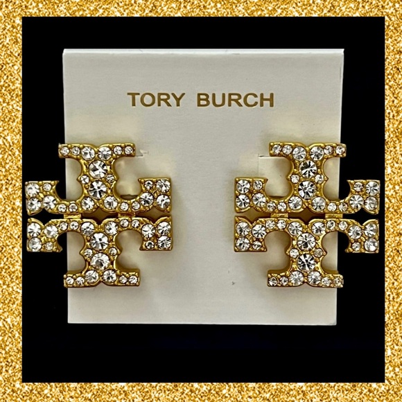 Tory Burch Authentic Kira Crystal Pave Tory Logo Gold Bold Stud Earrings - Picture 3 of 13